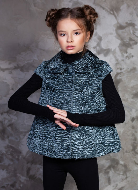 Faux fur kid's vest - Astrakhan Marengo