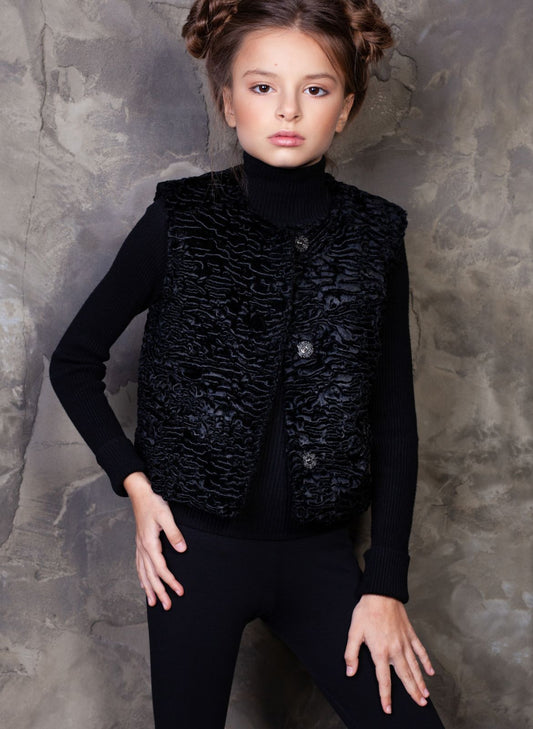 Faux fur kid's vest - Astrakhan Obsidian